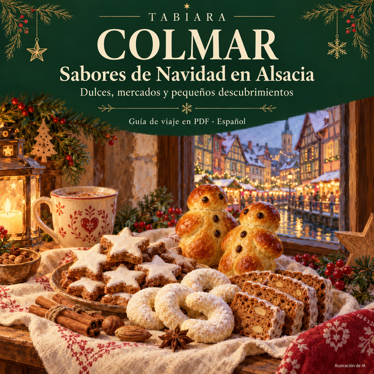 Mesa con galletas navideñas alsacianas, pan de especias y bebidas calientes en un mercado de Colmar (ilustración)