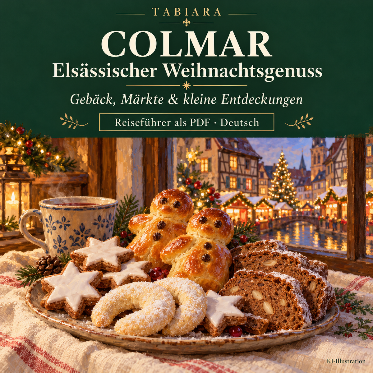 Elsässischer Genuss im Advent: Bredele, Lebkuchen und warme Speisen auf einem Markttisch (Illustration)