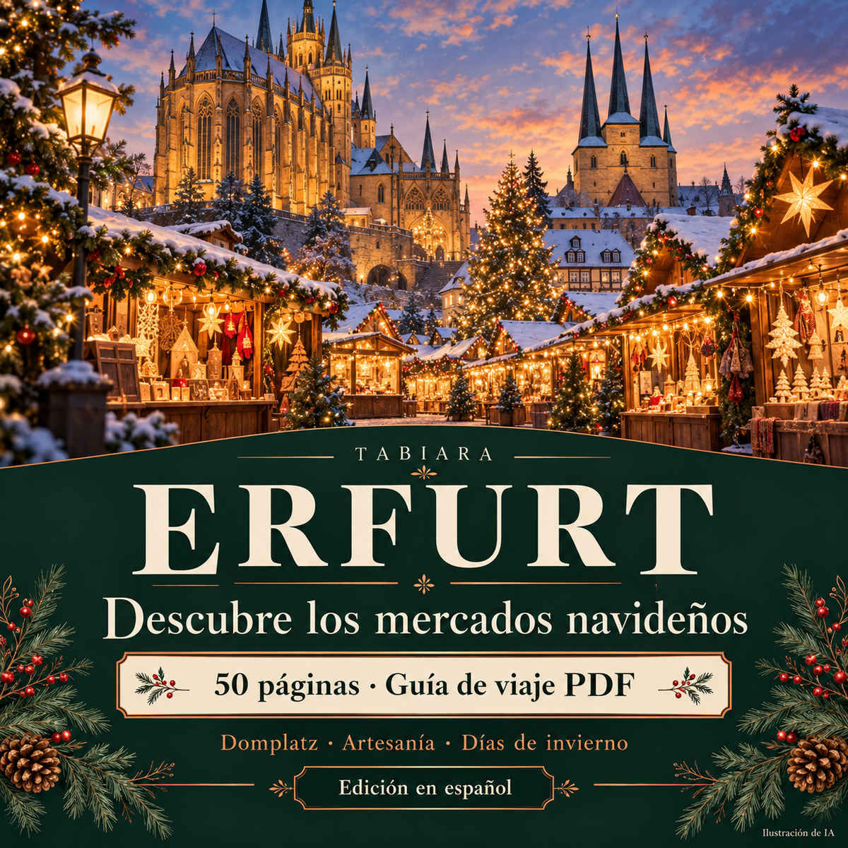 Portada de la guía en PDF Mercados navideños de Erfurt 2026 de Tabiara, edición en español (ilustración)