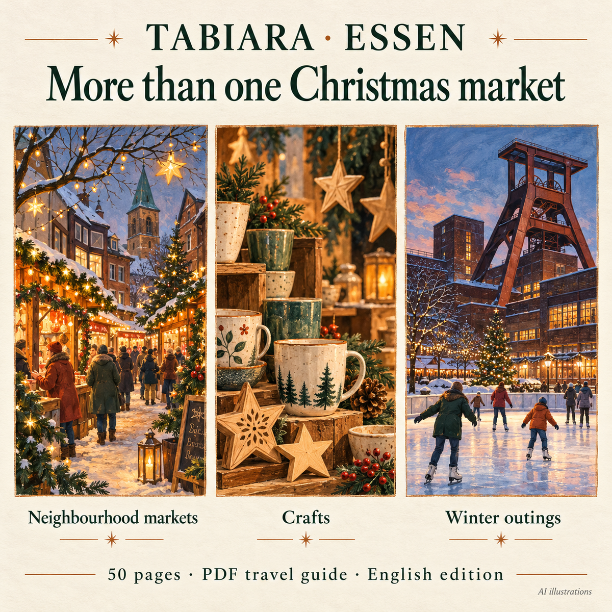 Preview of inside pages from the Essen Christmas market travel guide (illustration)