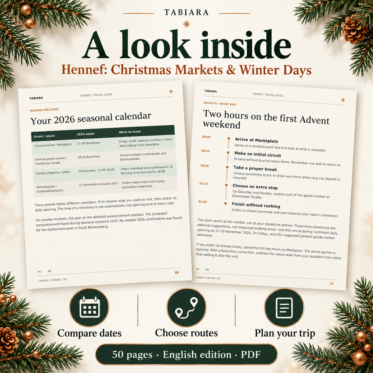 Inside pages of the Hennef Christmas market guide with dates and practical tips (illustration)