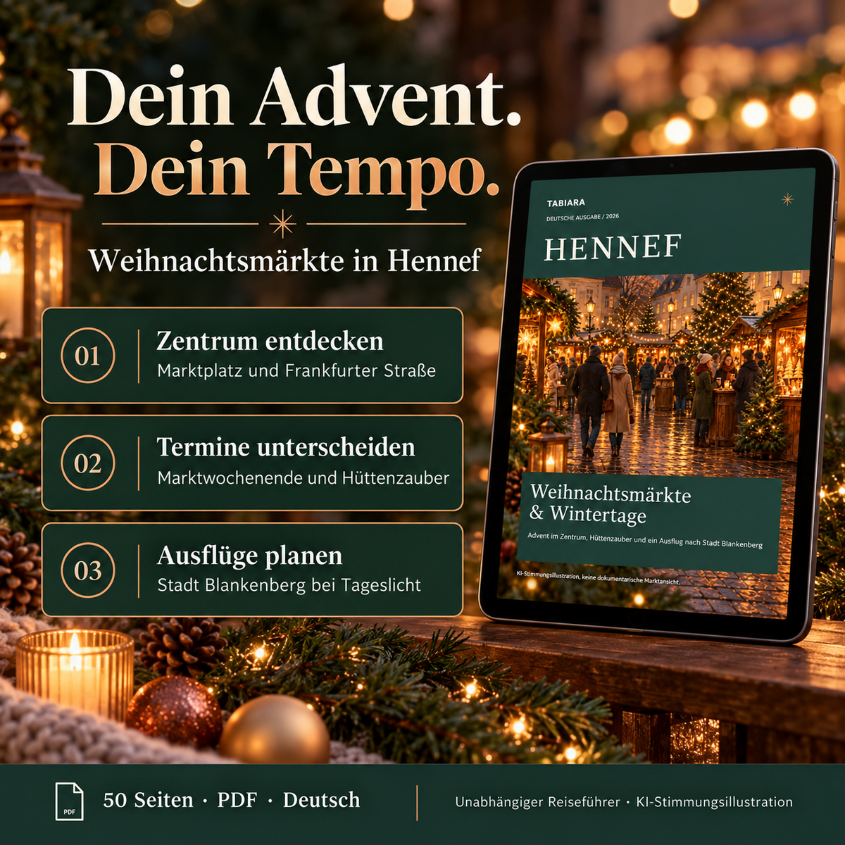 Routen- und Planungsseiten des Hennef-Guides mit Wegen zwischen Zentrum, Bahnhof und Stadt Blankenberg (Illustration)