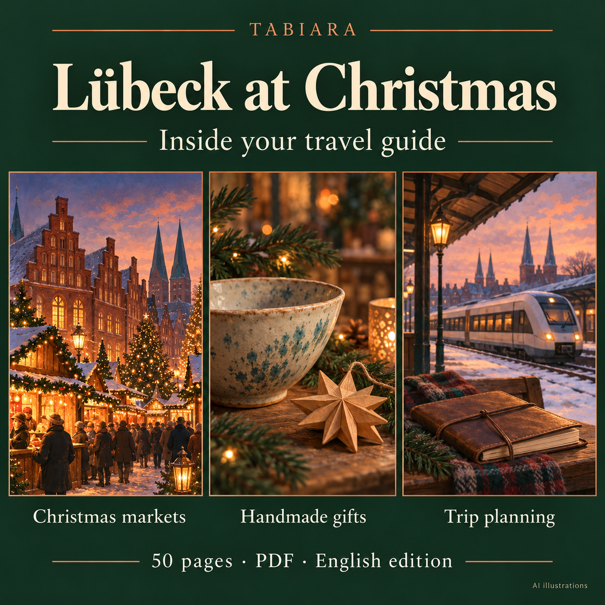 Preview pages of the Lübeck Christmas market guide with market profiles and dates (illustration)