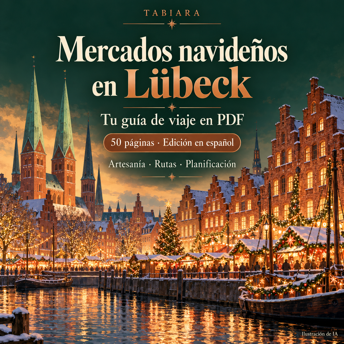 Portada de la guía en PDF de los mercados navideños de Lübeck 2026 (ilustración)