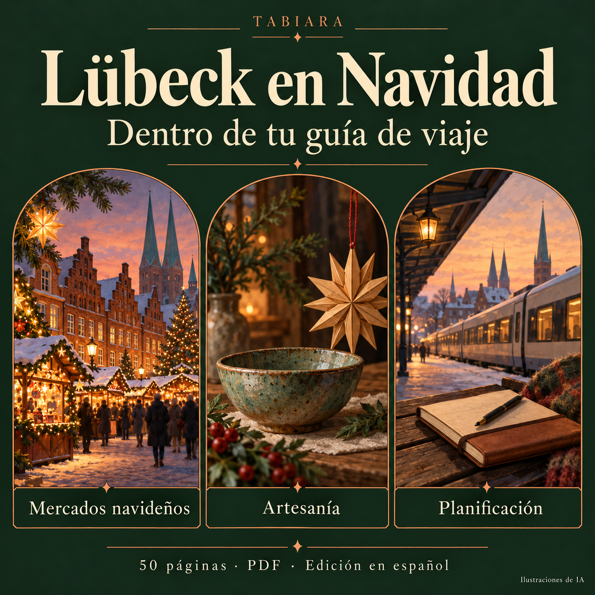 Vista interior de la guía de los mercados navideños de Lübeck con páginas de mercados y consejos (ilustración)