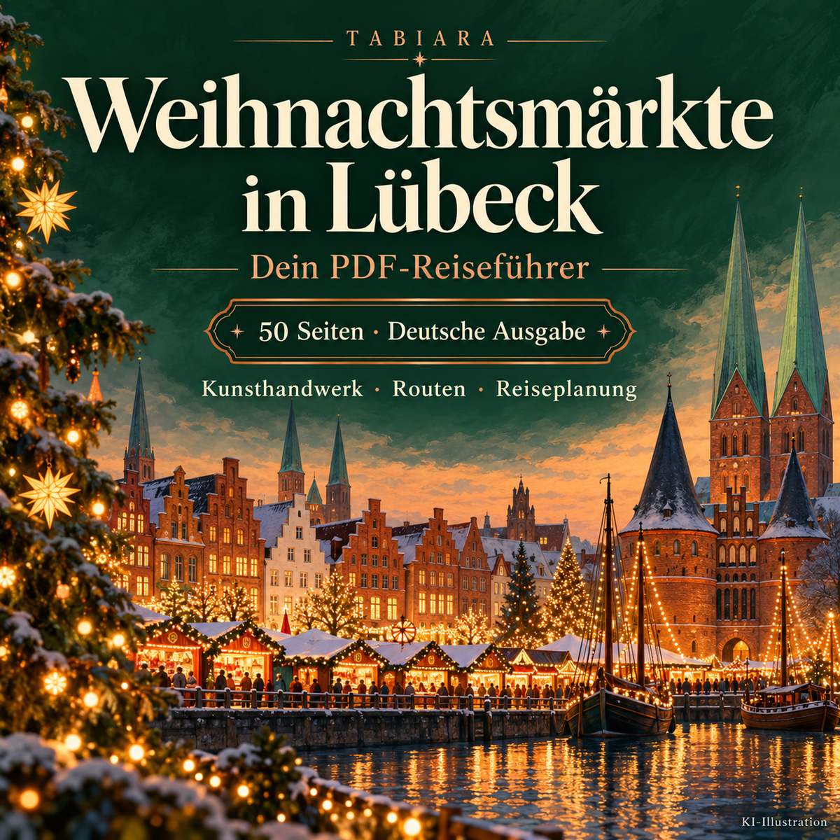 Titelseite des PDF-Reiseführers zu den Lübecker Weihnachtsmärkten 2026 mit Backsteinfassaden und Adventslichtern (Illustration)