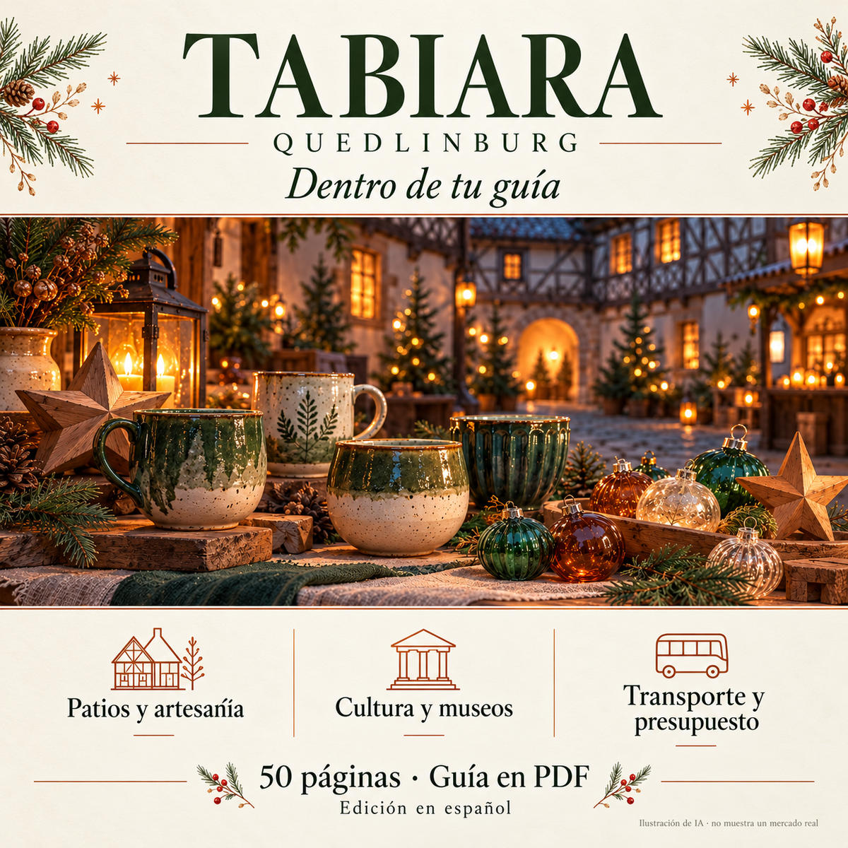 Páginas interiores de la guía de Quedlinburg con la ruta de domingo en familia y el calendario de Adviento viviente (ilustración)