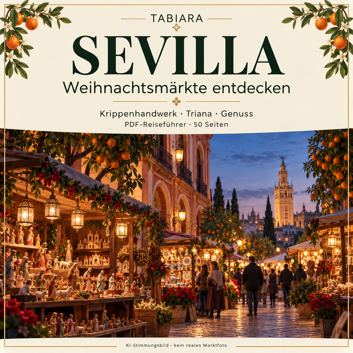 Cover des PDF-Reiseführers zu den Weihnachtsmärkten in Sevilla 2026 mit Krippenfiguren, Keramik und Süßwaren (Illustration)