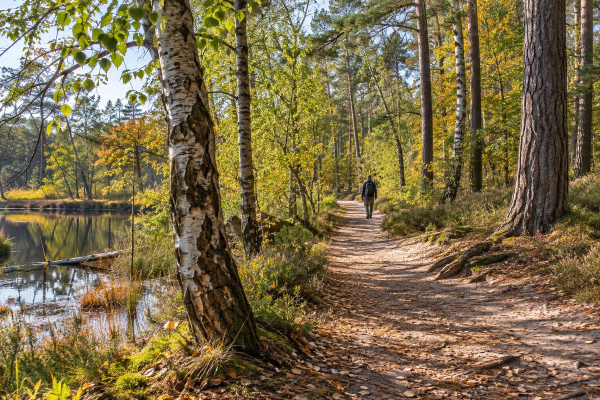 Forest path by a lake in the Kirchheller Heide, Bottrop (illustration)