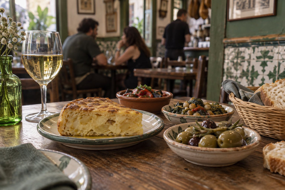 Tapas und ein Glas Wein in einer Bar in Granada (Illustration)