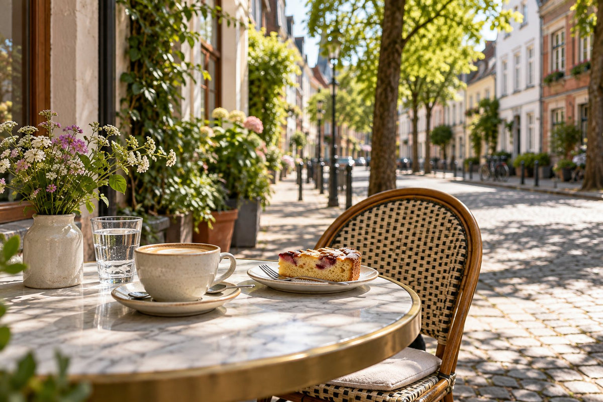 Cafépause mit Kaffee und Kuchen in einer Kleinstadtstraße (Illustration)