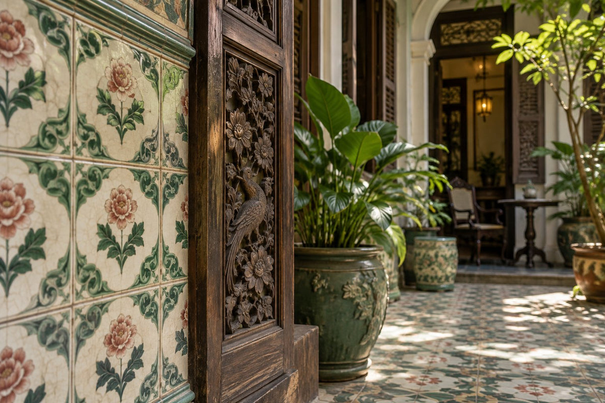 Azulejos peranakan y puertas talladas en Penang (ilustración)