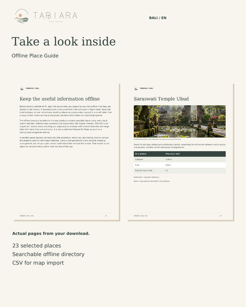 Bali Offline Place Guide – 23 Curated Places (PDF, CSV, HTML)