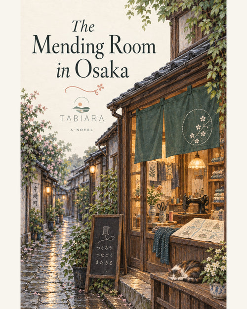 Cover of The Mending Room in Osaka, featuring a warmly lit shop on a quiet lane.
