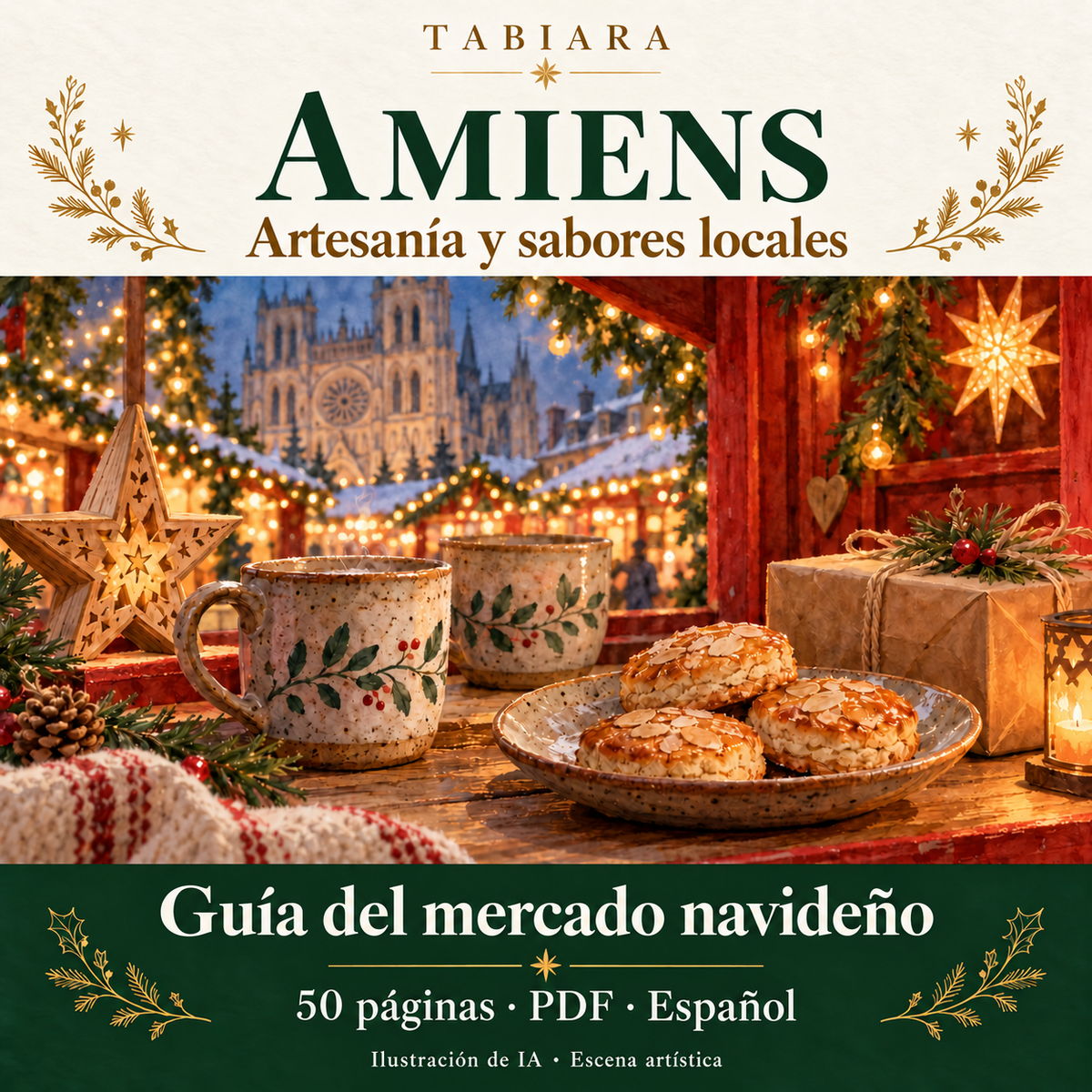 Artesanía y sabores locales en una caseta roja del mercado navideño de Amiens (ilustración)