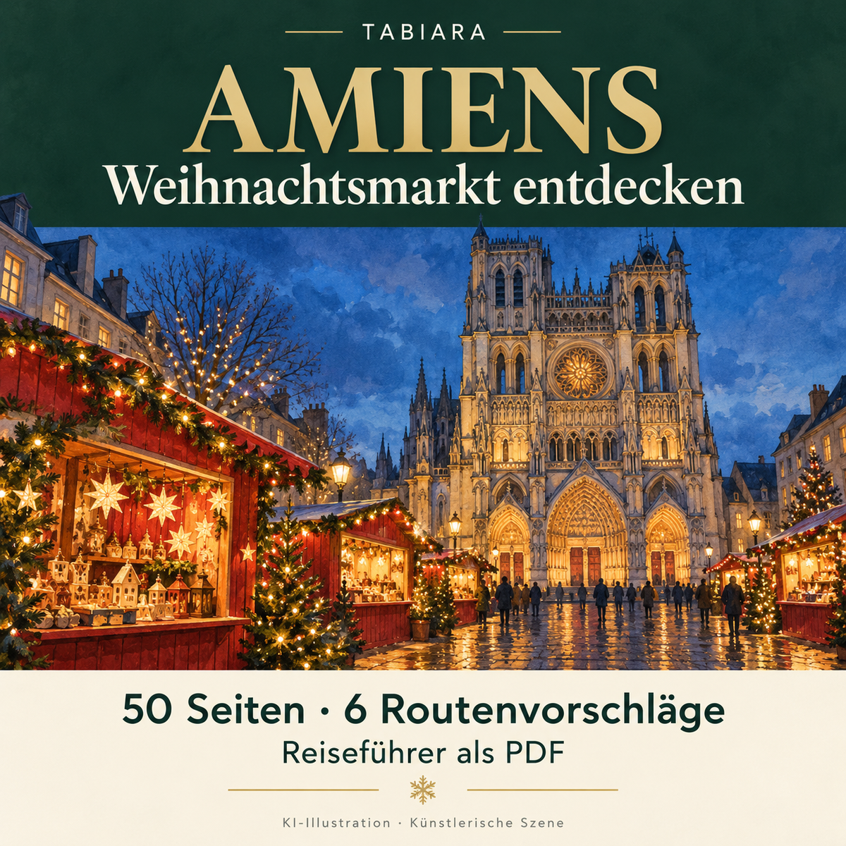 Titelbild des Tabiara-Reiseführers zu den Weihnachtsmärkten in Amiens mit Kathedrale, roten Chalets und Abendlicht (Illustration)