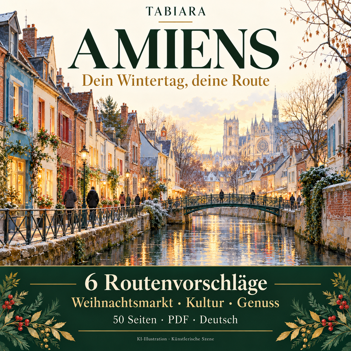 Stadtplan-Motiv von Amiens mit eingezeichneten Routen zwischen Bahnhof, Marktachse, Kathedrale und Saint-Leu zur Reiseplanung (Illustration)