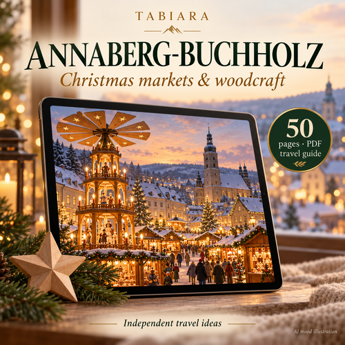 Cover of the Tabiara PDF travel guide to the Annaberg-Buchholz Christmas markets 2026 (illustration)