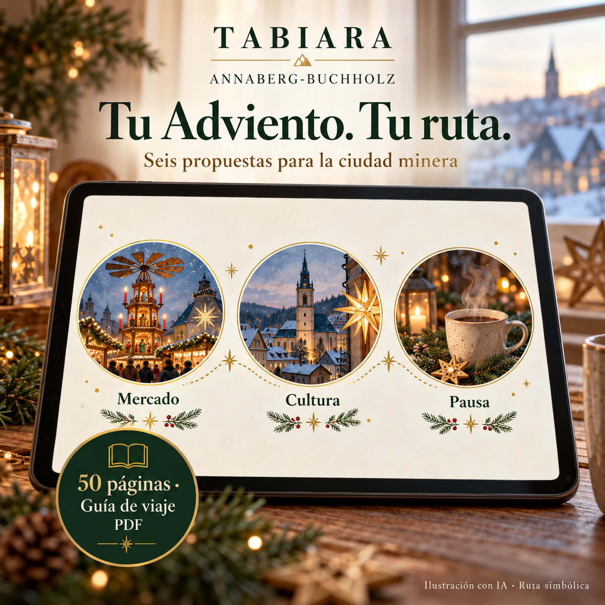Páginas de rutas y planificación de la guía de Annaberg-Buchholz con propuestas para el mercado, el desfile y los museos (ilustración)