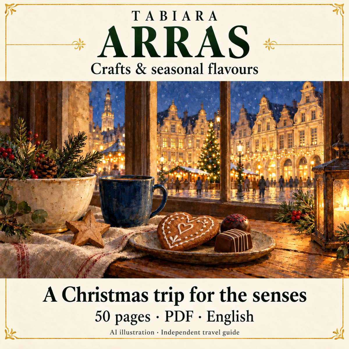 Crafts and local flavours at the Arras Christmas market, with heart-shaped treats and handmade gifts (illustration)