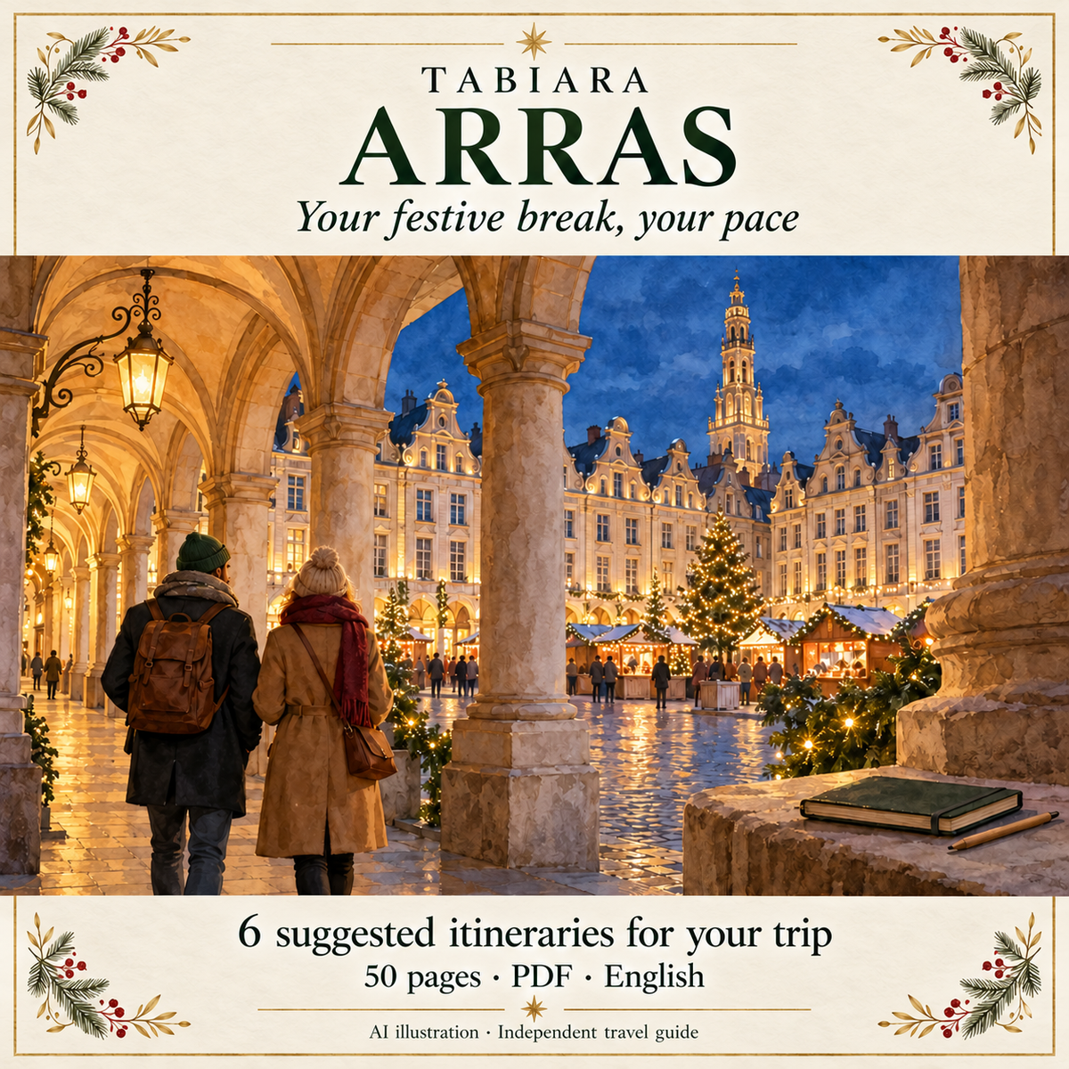 Suggested itineraries for a Christmas market visit to Arras, linking the station and the central squares (illustration)