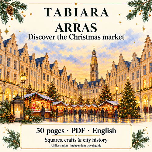 Cover of the Arras Christmas market PDF travel guide with gabled façades and festive lights (illustration)
