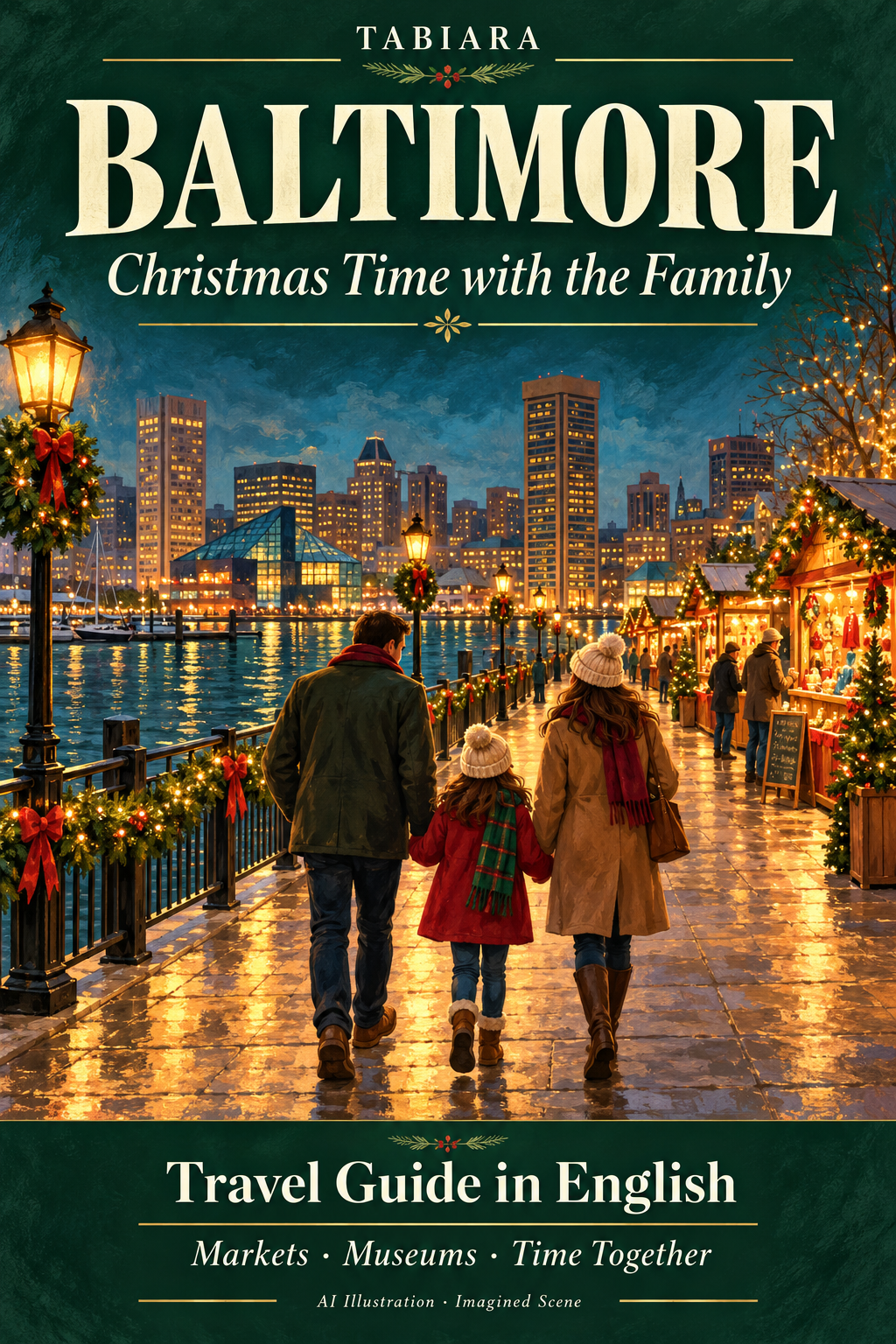 Family with children on a winter day trip to a Christmas market in Baltimore (illustration)