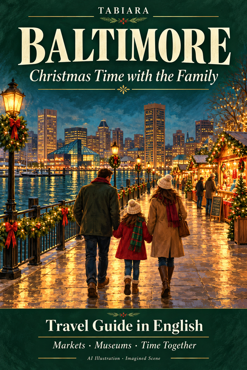 Family with children on a winter day trip to a Christmas market in Baltimore (illustration)