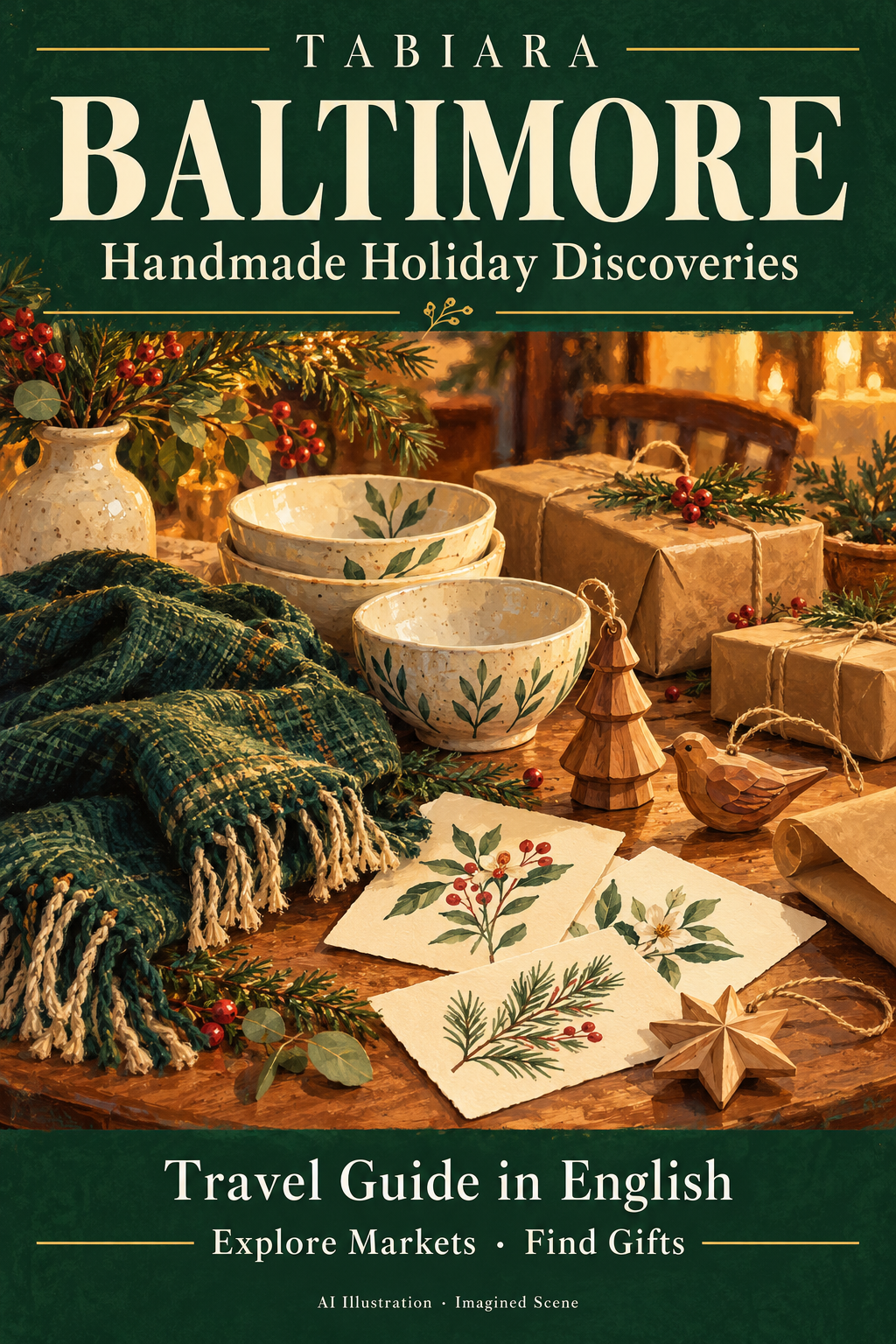 Handmade gifts such as ceramics, paper goods and textiles at a Baltimore craft market (illustration)