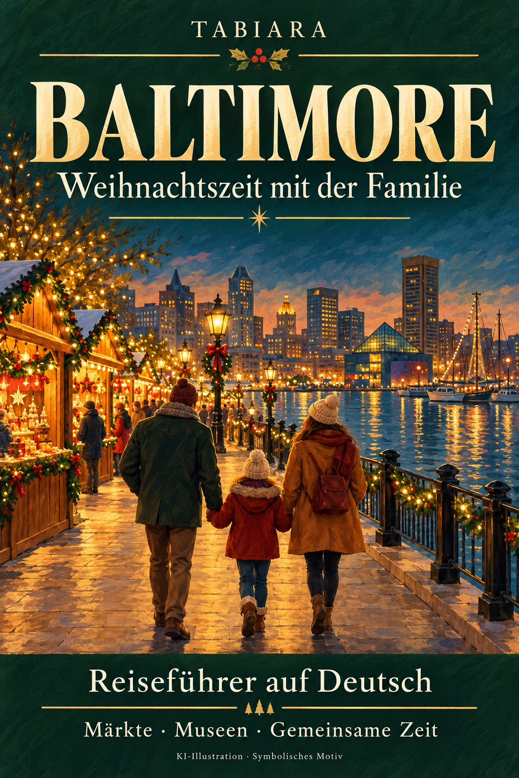 Familie auf einem Adventsausflug zum Weihnachtsmarkt in Baltimore (Illustration)