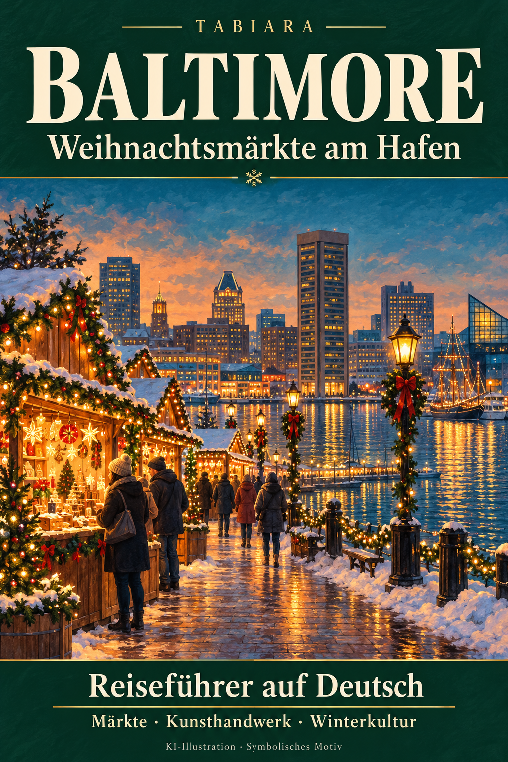 Titelbild des Baltimore-Reiseführers: Weihnachtsmarkt am Hafen mit Lichtern am Wasser (Illustration)
