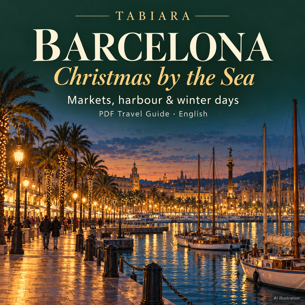 Christmas stalls by the harbour in Barcelona at dusk, cover of the Tabiara Christmas markets guide (illustration)