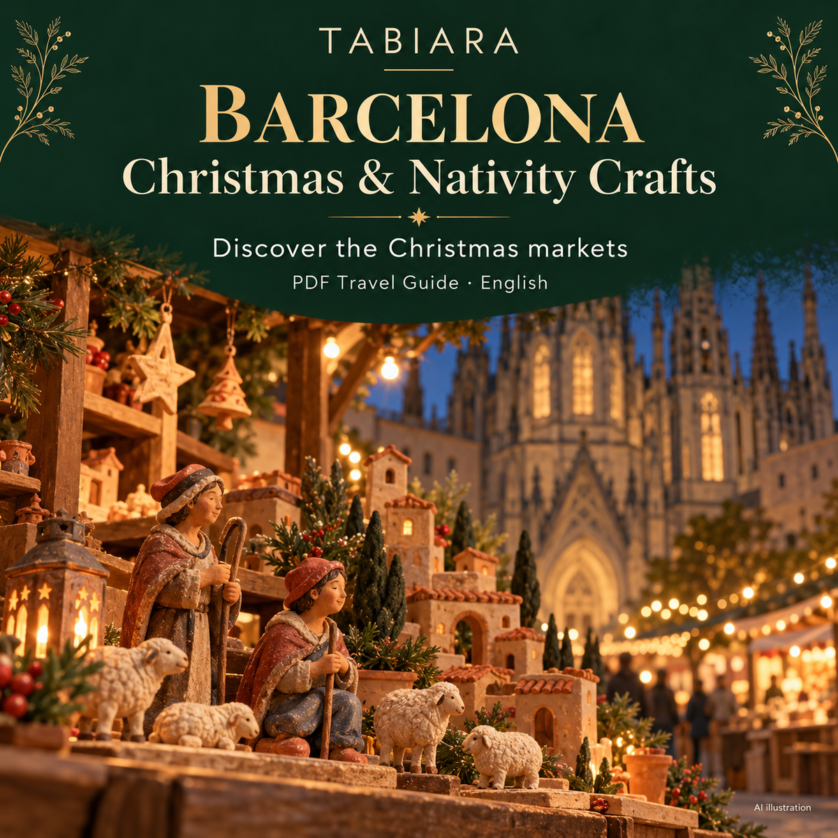 Nativity figures and small crafted scenery on a Christmas market stall in Barcelona (illustration)