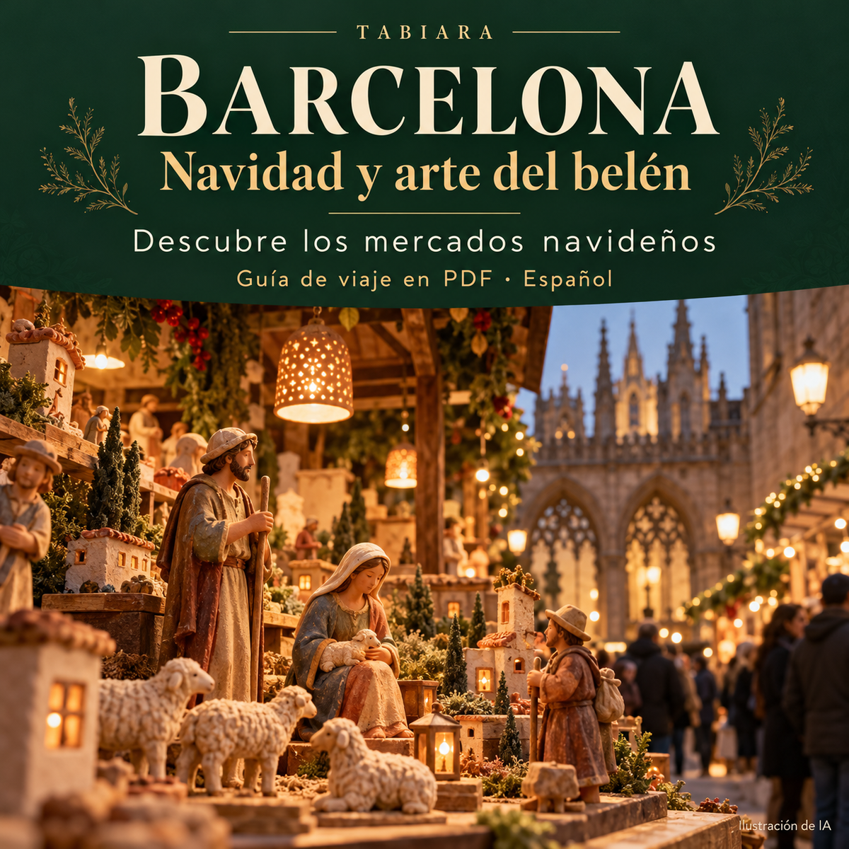 Figuras de belén y pequeños edificios de un paisaje navideño en un puesto de mercado en Barcelona (ilustración)