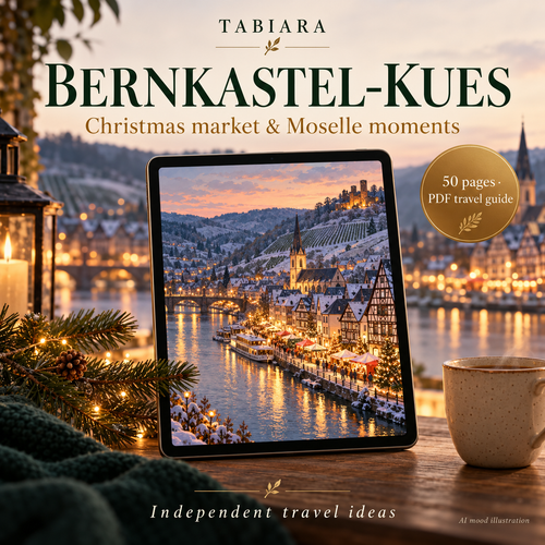 Cover of the Tabiara travel guide to the Bernkastel-Kues Christmas markets 2026, an Advent scene in a timber-framed Moselle town (illustration)