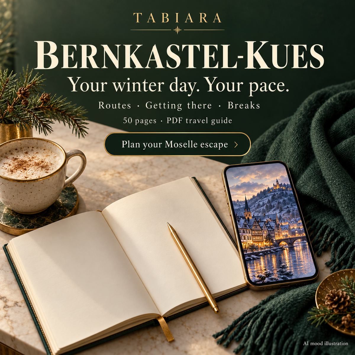 Route and trip planning pages for a Christmas market visit to Bernkastel-Kues on both banks of the Moselle (illustration)