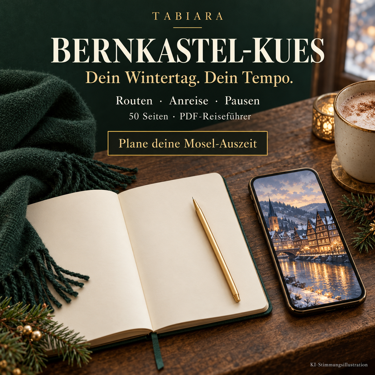 Routen und Reiseplanung für einen Adventsbesuch in Bernkastel-Kues zwischen Altstadt und Kues (Illustration)