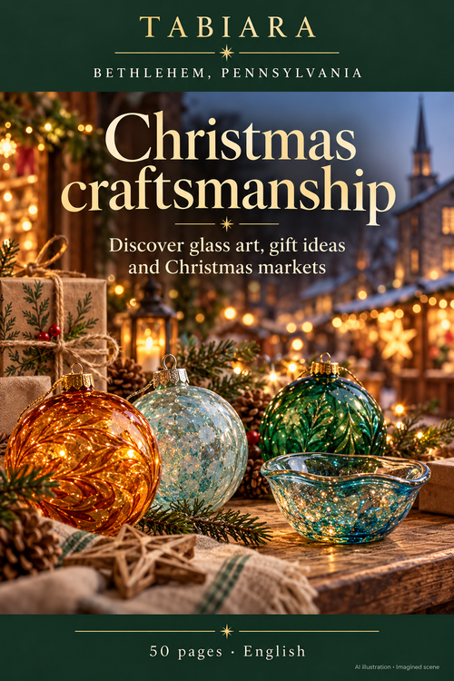 Glass ornaments and handmade crafts on a Christmas market stall in Bethlehem, Pennsylvania (illustration)