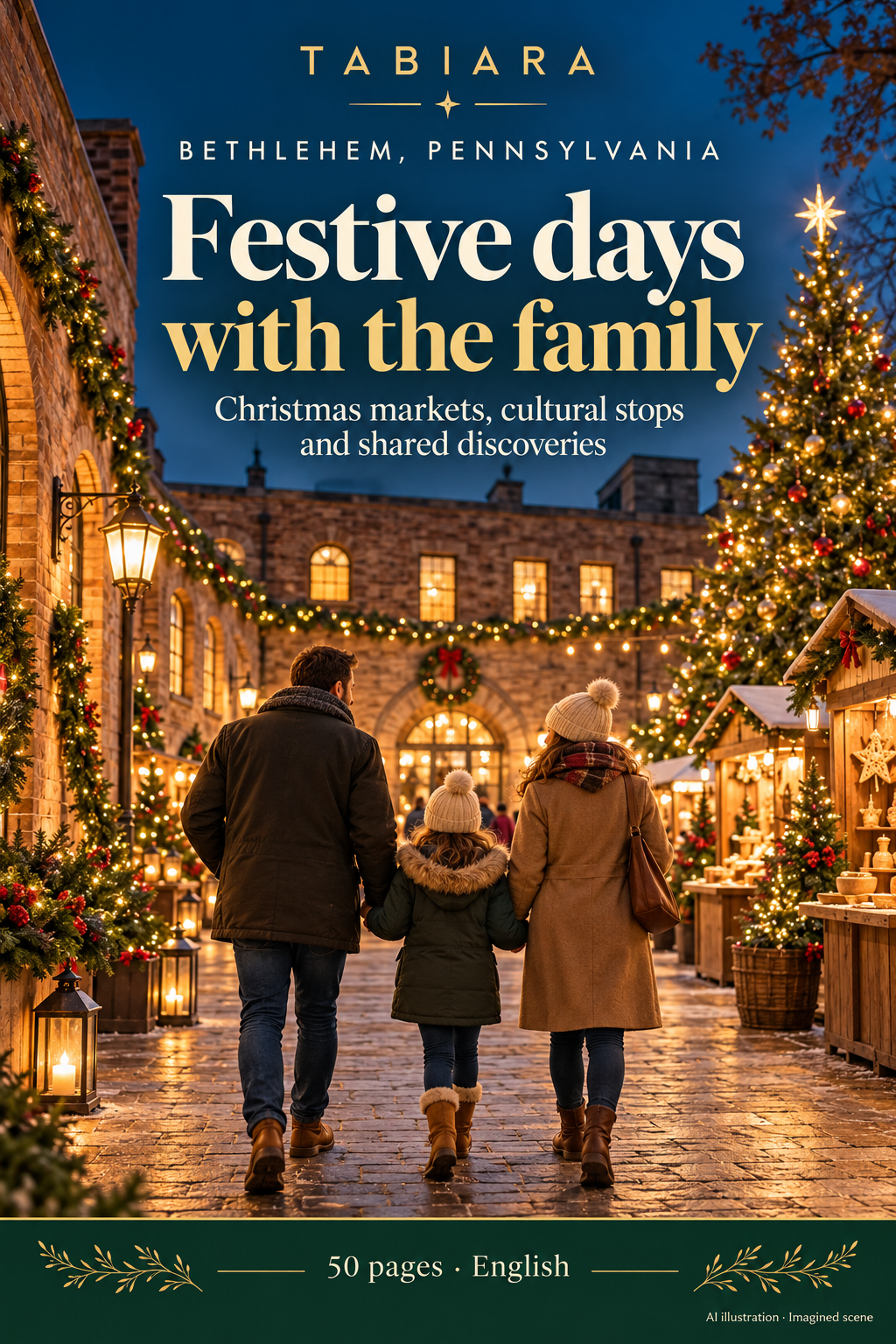 Family strolling between lit Christmas market stalls on a day trip to Bethlehem, Pennsylvania (illustration)