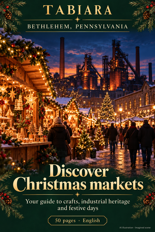 Cover of the Bethlehem, Pennsylvania Christmas markets travel guide with a lit winter market scene (illustration)