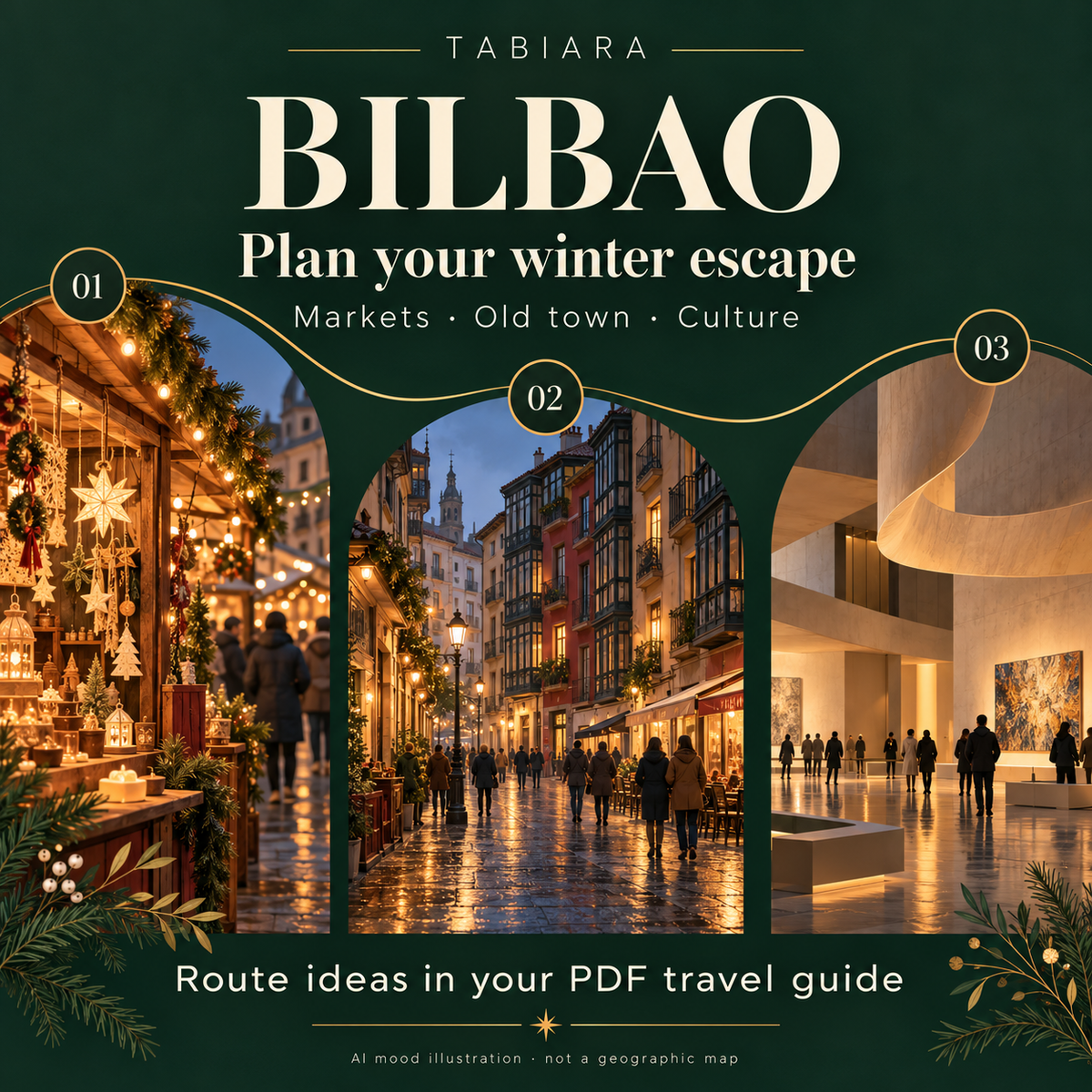 Route and trip-planning pages for the Bilbao Christmas markets (illustration)
