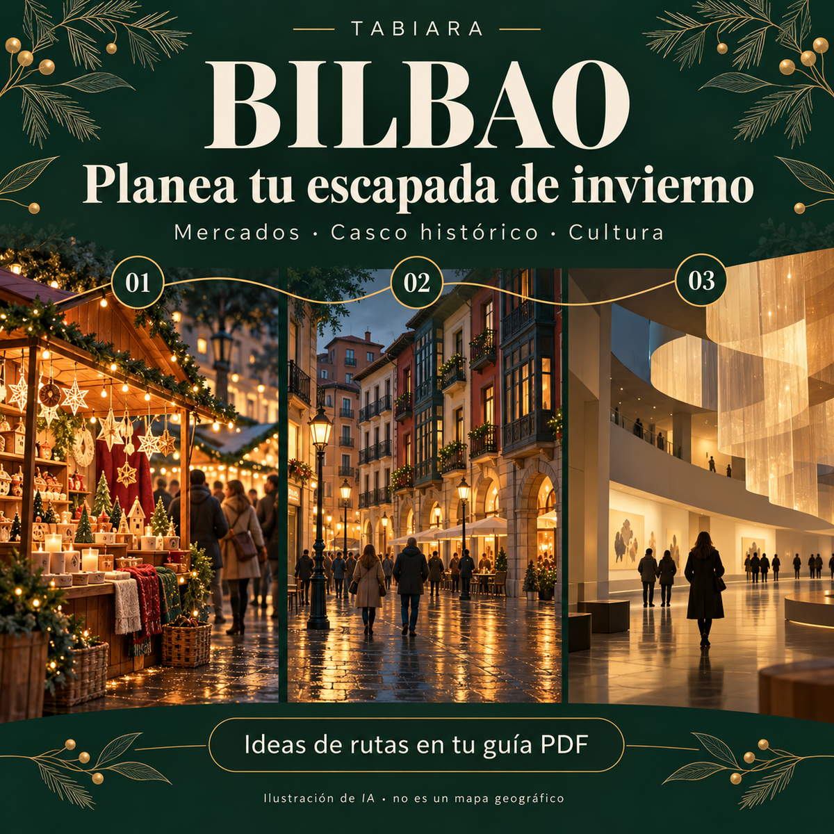 Planificación de rutas por los mercados navideños de Bilbao, del parque de Doña Casilda al Arenal (ilustración)