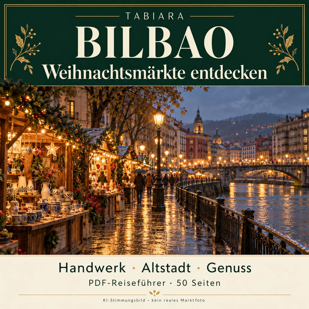 Cover des PDF-Reiseführers zu den Weihnachtsmärkten in Bilbao 2026 mit Marktstimmung am Wasser (Illustration)