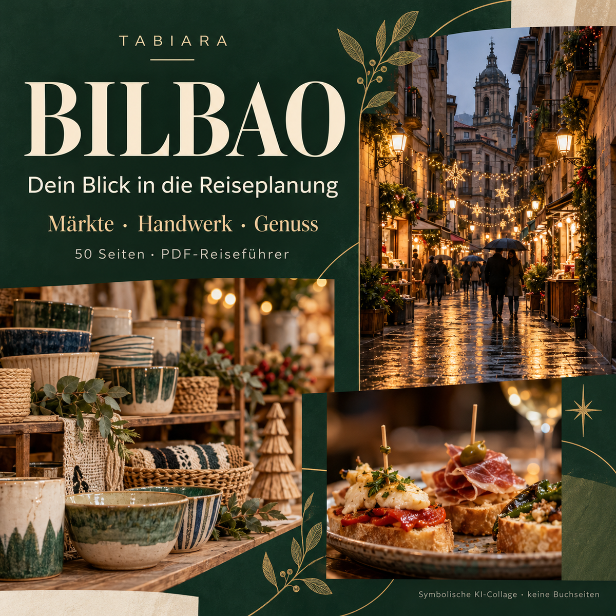 Einblick in die Seiten des Bilbao-Reiseführers mit Marktporträts, Öffnungszeiten und Tipps (Illustration)