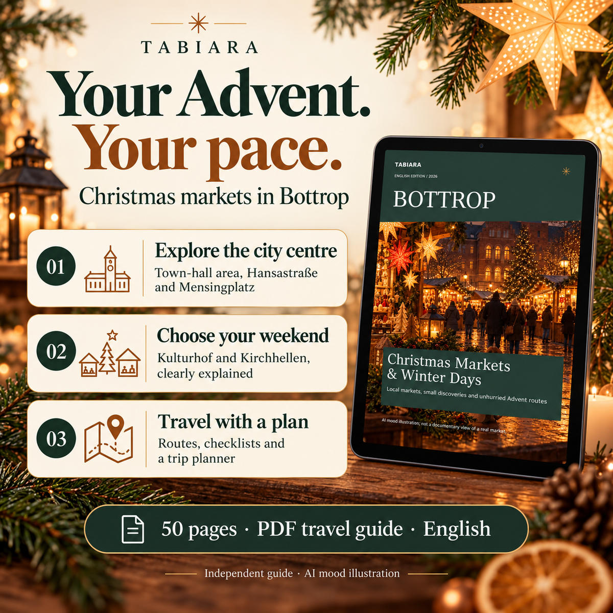 Route and trip-planning pages of the Bottrop Christmas markets guide with Advent day plans (illustration)