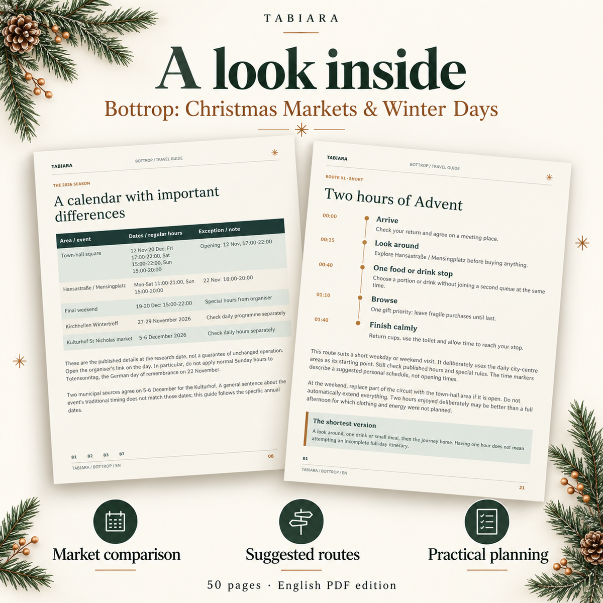 Inside pages of the Bottrop Christmas markets guide with the 2026 season calendar and market profiles (illustration)