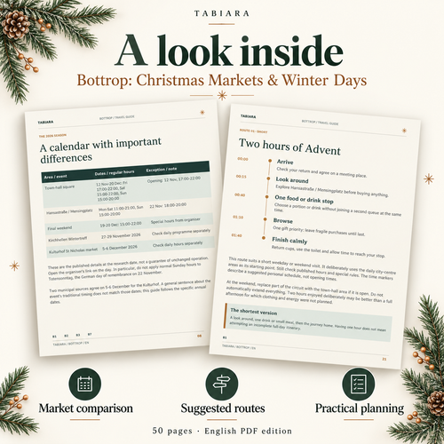 Inside pages of the Bottrop Christmas markets guide with the 2026 season calendar and market profiles (illustration)
