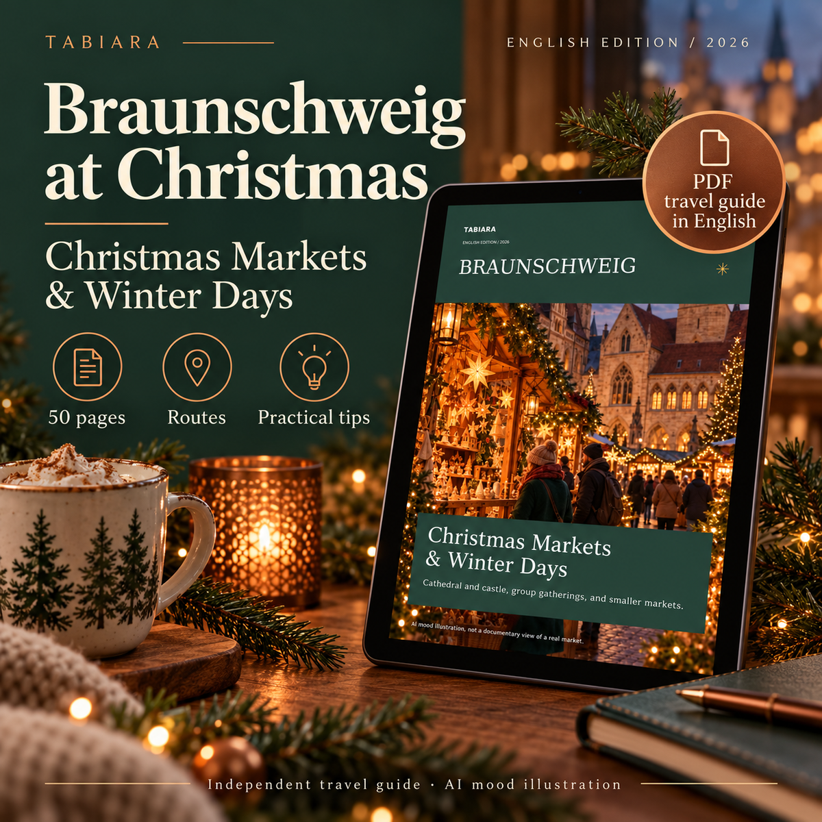 Cover of the Tabiara PDF guide to Braunschweig Christmas markets 2026 with the cathedral and castle at dusk (illustration)