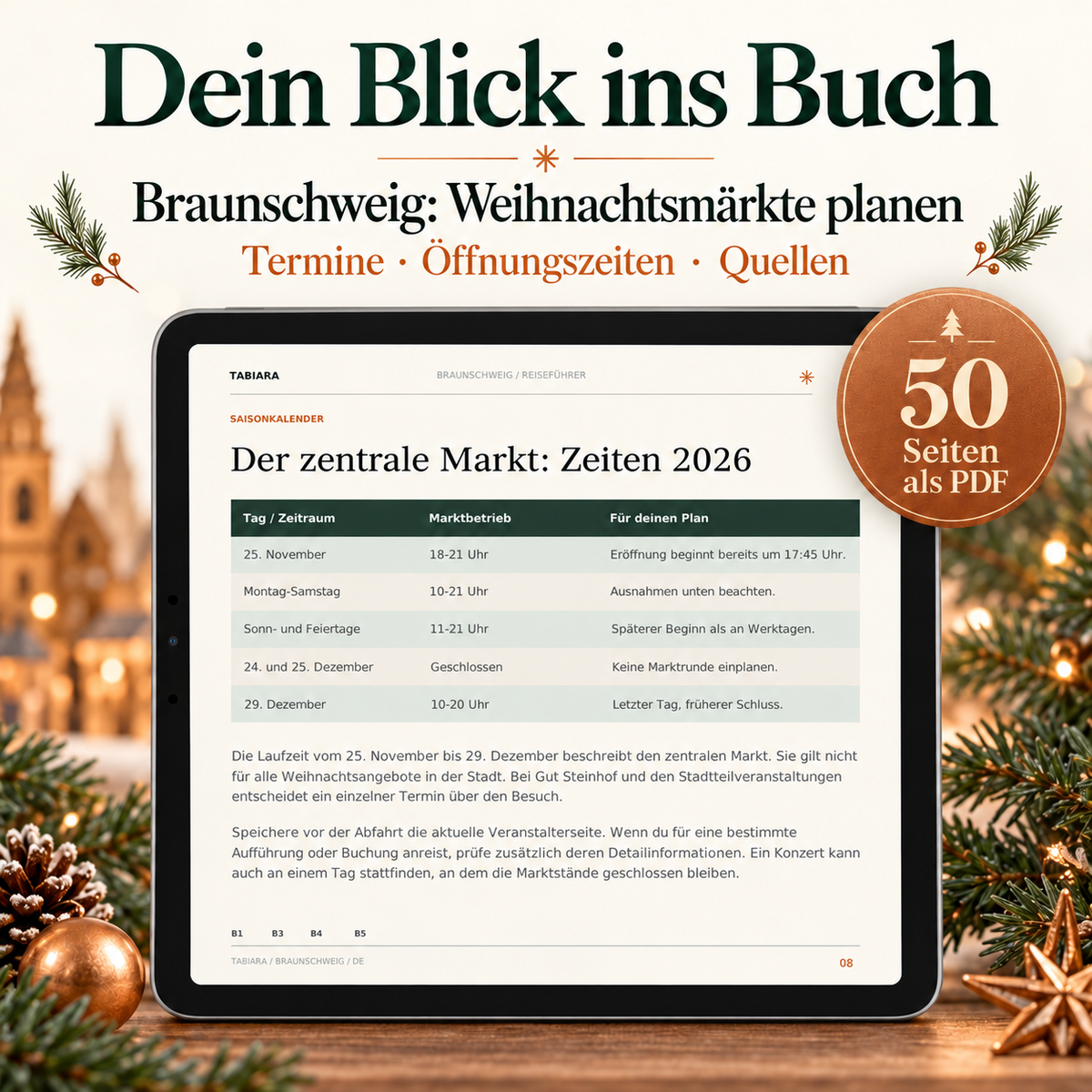 Innenseiten des Braunschweig-Weihnachtsmarkt-Reiseführers mit Öffnungszeiten, Flößen und Kinderprogramm (Illustration)