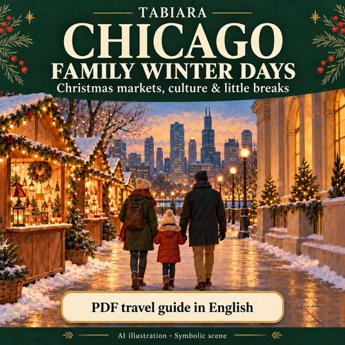 Family on a winter trip to Chicago, walking between Christmas market stalls and city buildings (illustration)